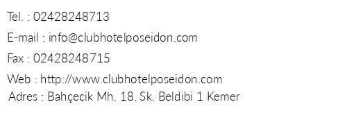 Club Otel Poseidon telefon numaralar, faks, e-mail, posta adresi ve iletiim bilgileri